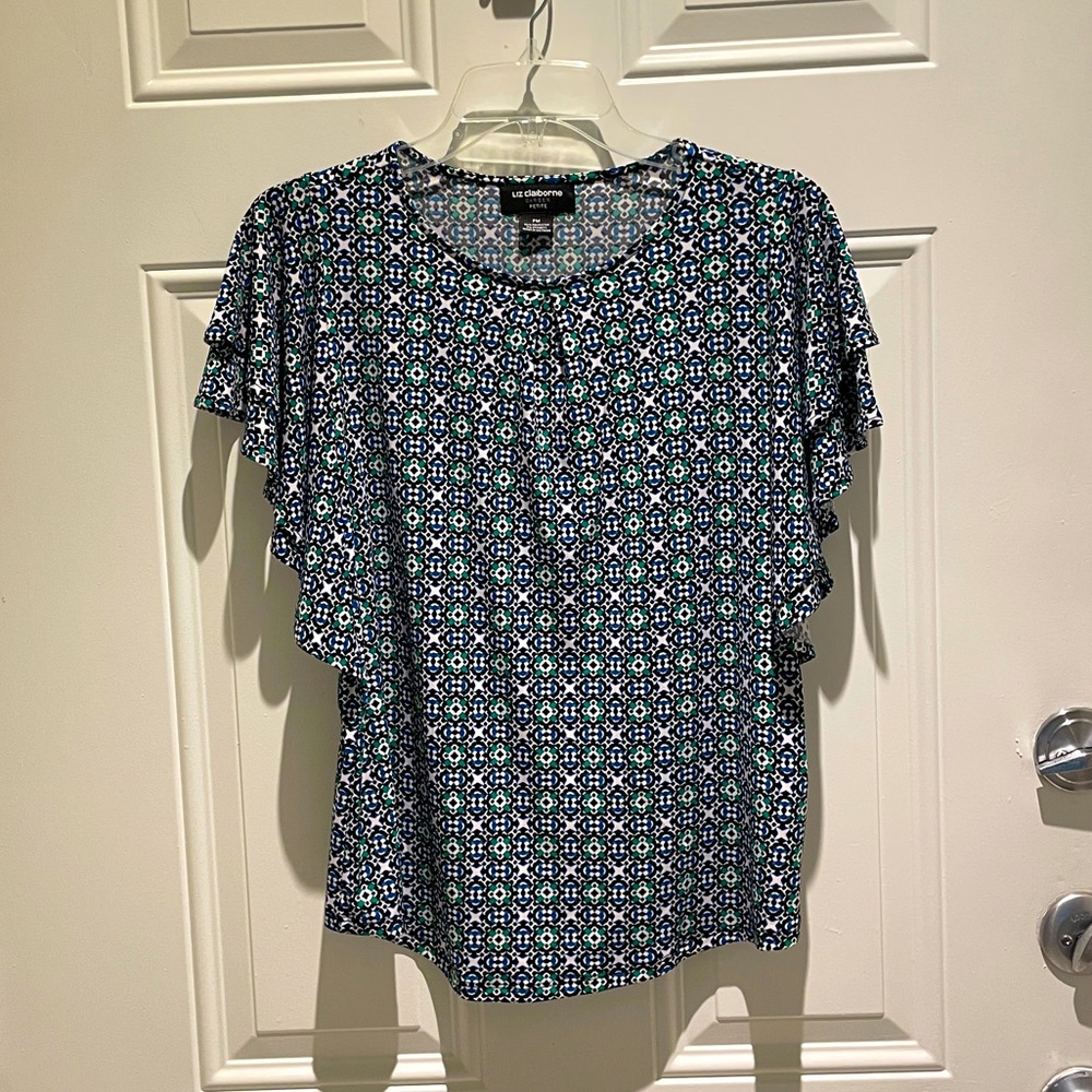 Liz Claiborne Career Green Blue Geometric Short Sleeve Top Size Petite Medium